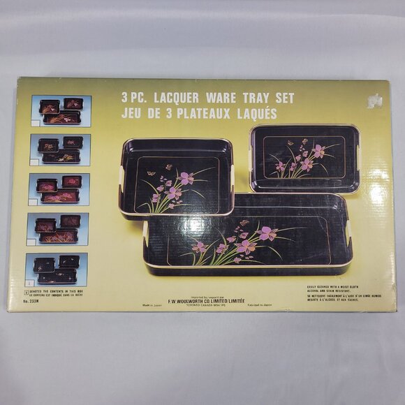 Lacquer Ware 3 Piece Tray Set Black Floral Gold Trim Flower Woolworth Japan 233N - Picture 2 of 3